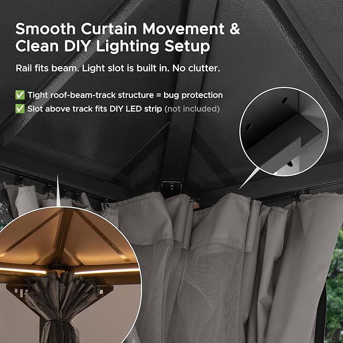 SUNJOY Kingston 12' x 10' Hardtop Gazebo with Galvanized Steel Double Roof, Curtain and Netting, Woodgrain Finish Aluminum Posts Permanent Pavilion Gazebo for Garden, Patio, Deck, Lawn