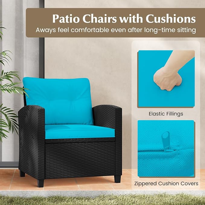 Tangkula 3 Piece Patio Furniture, Rattan Conversation Set w/Soft Seat & Back Cushions, Tempered Glass Topped Coffee Table, Cushioned Wicker Seating Set for Backyard, Porch, Poolside