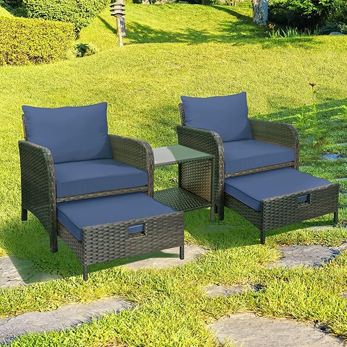 LEVELEVE Balcony Furniture 5 Piece Patio Conversation Set, PE Wicker Rattan Outdoor Lounge Chairs with Soft Cushions 2 Ottoman&Glass Table for Porch, Lawn-Brown Wicker