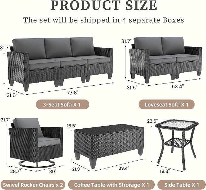 UDPATIO Patio Furniture Set, 6 Pieces Outdoor Furniture Sets with Rocking Swivel Chairs, Wicker Rattan Outdoor Conversation Set with Storage Table and Waterproof Covers for Backyard, Deck, Porch, Grey
