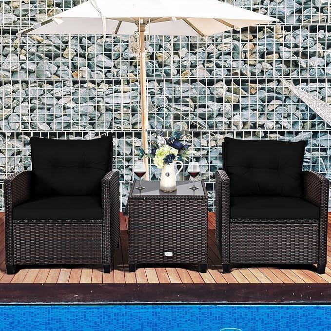 KOTEK 3 Piece Patio Furniture Set, Outdoor Conversation Set with Washable Cushions & Tempered Glass Tabletop, PE Rattan Wicker Bistro Set for Porch, Garden, Balcony (Black)