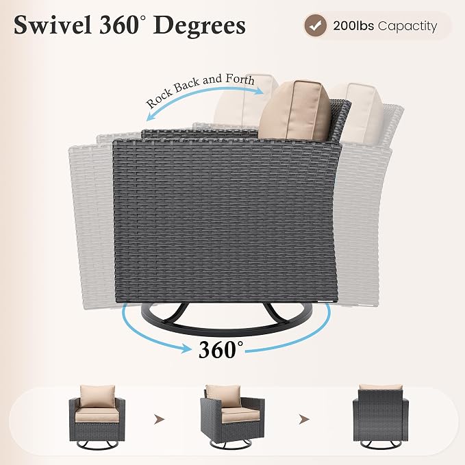 Amopatio Patio Furniture Set with Fire Pit Table, Wicker Outdoor Sectional Sofa with Swivel Rocker Chairs, All-Weather Rattan Conversation Set, Waterproof Cover for Backyard, Deck Black/Khak 5 PCS
