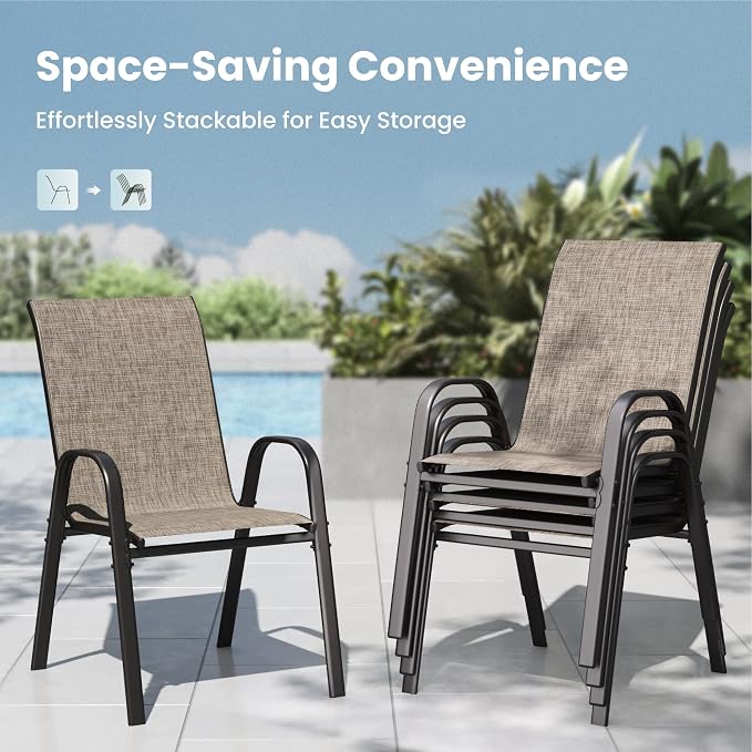 PHI VILLA Patio Dining Set for 4, Stackable Chairs & Carbon Crystal Table | Textilene mesh chairs & 37'' Square Table. E-coated metal frame for outdoor, deck, lawn, garden. Rust-resistant, easy-clean