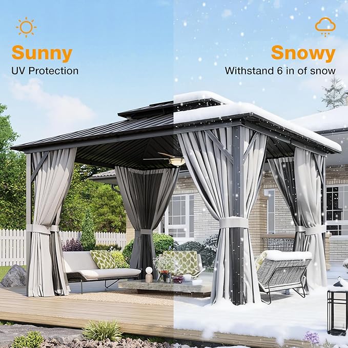 10x12FT Hardtop Gazebo, Metal Frame with Double Galvanized Steel Roof, Permanent Outdoor Pergola with Curtains and Netting Included for Backyard, Patio, Lawn and Garden, Gray
