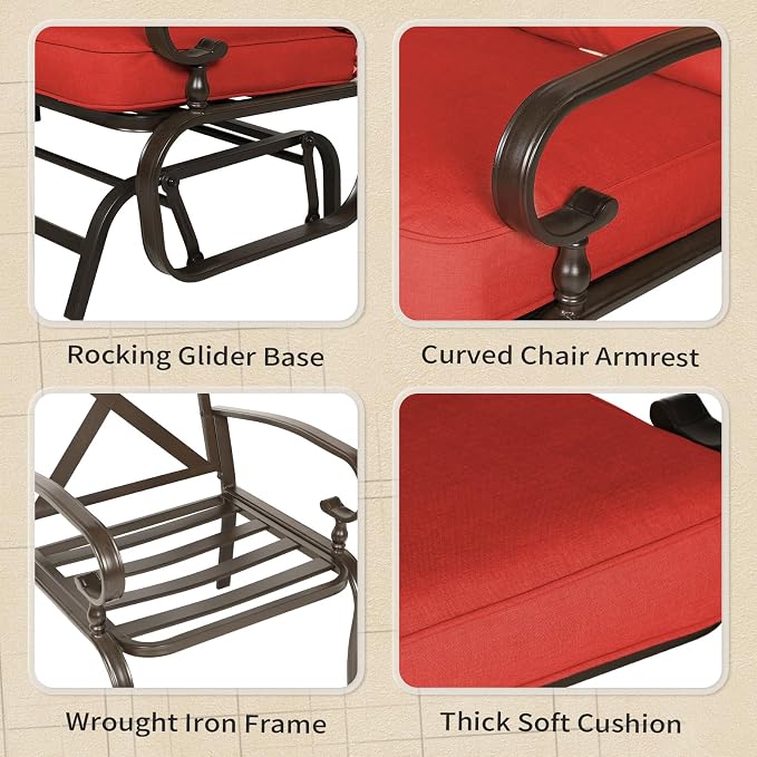 Oakcloud 5-Piece Outdoor Metal Furniture Sets Patio Conversation Set Wrought Iron Glider, 2 Single Chairs, Loveseat and Coffee Table, Red