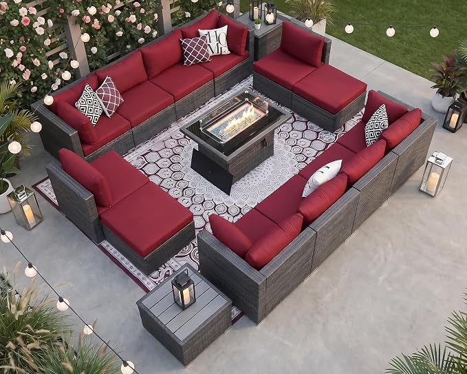 NICESOUL 15 Piece Outdoor Sectional with Fire Pit Table, Modern Luxury Patio Deep Seating w/Firepit, 29.3'' High-Back Wicker Couch Thick, Big High-Weight Capacity Sofa for Terrace, Yard, Gray & Red