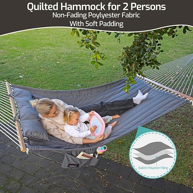 CHULIM Double Quilted Fabric Hammock with Hardwood Spreader Bars and Pillow 450 LBS Capacity 2 Person Large Hammock for Outdoor Patio Backyard Poolside - Terracotta