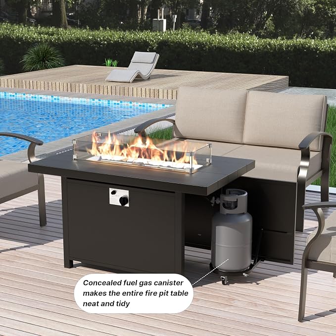 Gotland Aluminum Patio Furniture Set with Fire Pit Table, Metal Patio Furniture with 12 Seats Waterproof 5.1'' Seat Cushions, Oversized Outdoor Sectional Conversation Sets for Balcony Porch Khaki
