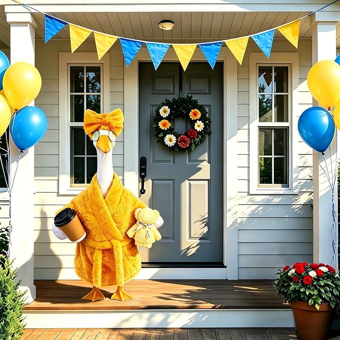 Celltestria Lady Goose Outfits for 23" Geese Yellow Bathrobe Porch Goose Costume Coffee Cup Bear Cucumber Eye Mask Goose Clothes for Outdoor Patio Yard Lawn Garden Decoration