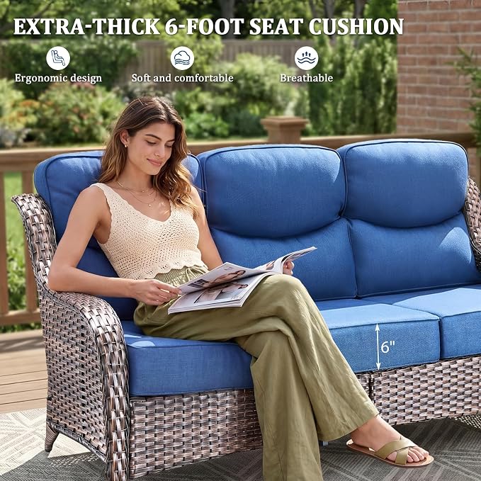 Luxury Swivel Rocker Chair Sofa Set with 6" Thick Cushions,8-Piece Wicker Patio Chair with Coffee Table and Ottoman,Outdoor Comfortable High Back Chair Patio Furniture Set - Brown | Blue