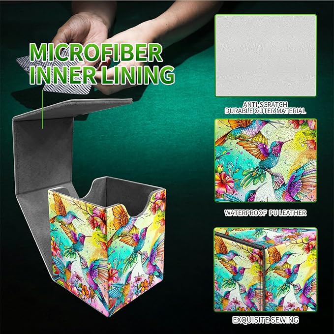 Deck Box for MTG, Cards Storage Box Fits 120+ Sleeved, Leather Medium Size Strong Magnetic Closing Card Case for Board Games Magic TCG CCG Baseball Collection, Four Birds Flowers