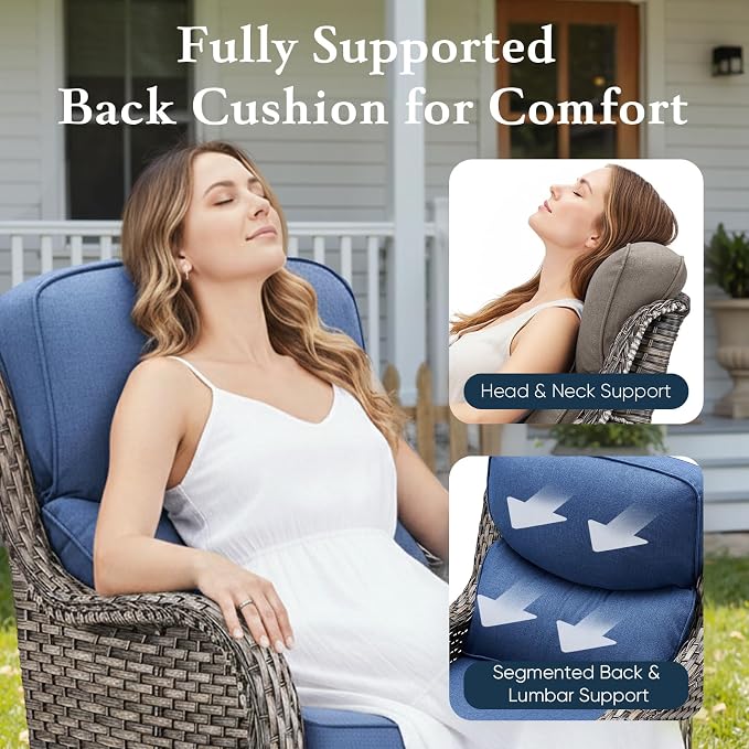 Belord Luxury 6" Thick Cushioned 7 Pieces Patio Furniture Set with Outdoor Couch, Wicker Outdoor Conversation Set with High Back Swivel Rocker Chairs for Deck Porch Yard and Poolside - Grey+Blue