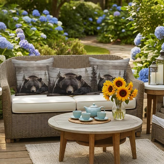 Sleeping Bear Outdoor Pillow Covers 16"x16" Set of 2, Animal Forest Rustic Planks Waterproof Throw Pillow Covers for Patio Furniture, Decorative Cushion Covers for Porch