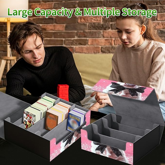 Large Card Deck Box for MTG, Fits 1200+ Sleeved Cards, PU Leather Storage Case with Strong Magnetic Closure, Multiple Colors for TCG CCG Baseball Card Collections, Pink Flower White Cow