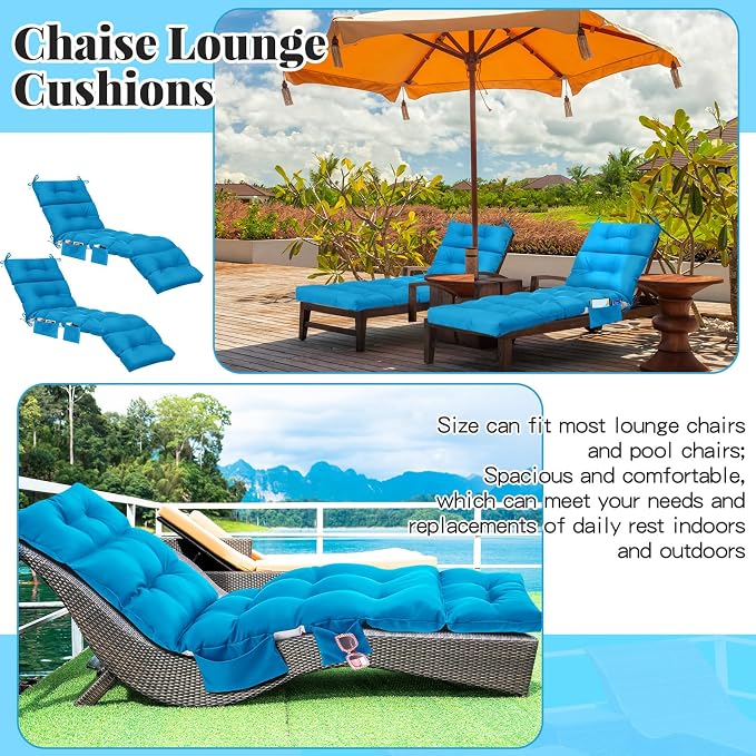 Kigley 2 Pcs Outdoor Chaise Lounge Cushions with 3 Side Pocket 74.5 x 22 x 4.7 Inch Patio Chaise Lounge Cushion, Water-Repellent and Fade-Resistant Tufted Summer Replacement(Blue)