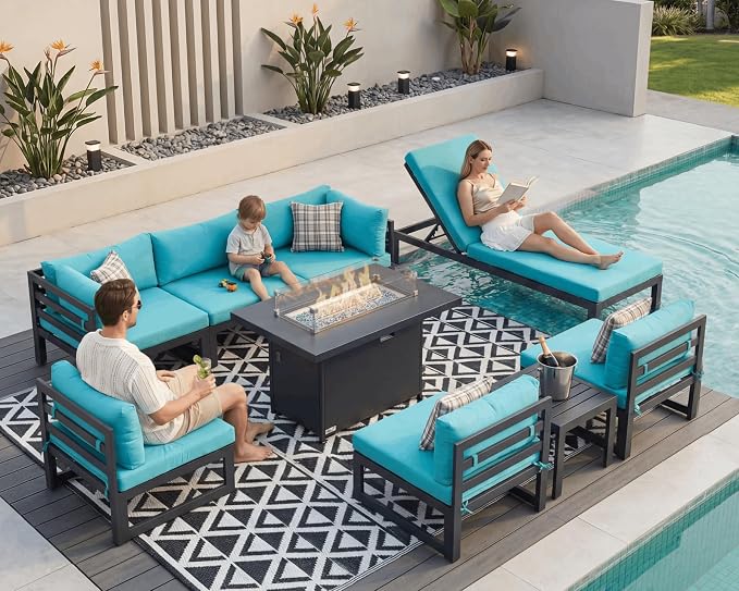 NICESOUL 9 Pcs Oversized Modern Aluminum Patio Furniture Set, All Weather Modular Sectional Sofa with Lounge Chair & Fireplace, 500 lbs Heavy Duty Comfortable Outdoor Couch for Poolside Backyard, Teal