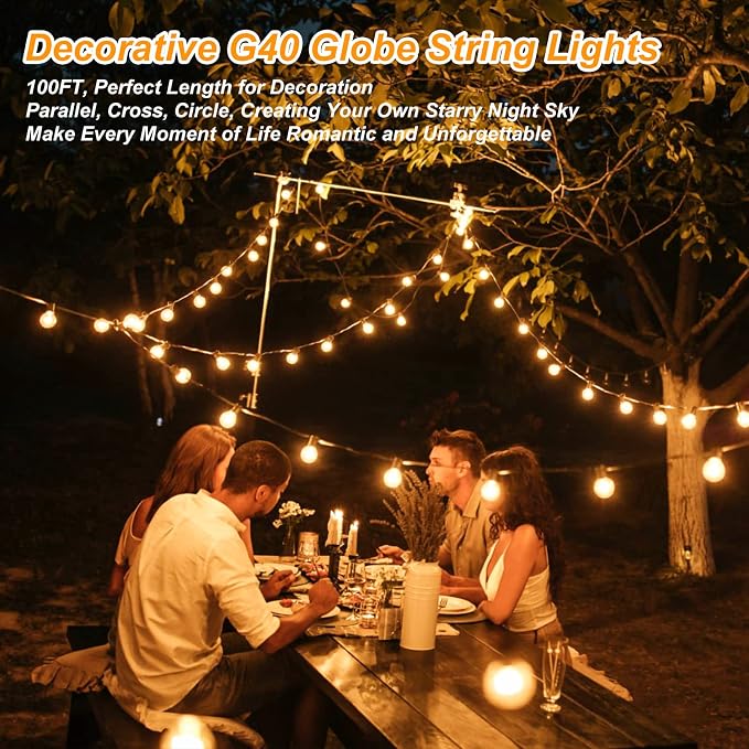 200ft(100*2) Outdoor G40 LED Globe String Lights Dimmable Waterproof Shatterproof Light Strings with 103 Bulbs Connectable Commercial Hanging Lights for Christmas Patio House Backyard Balcony Party | Light Strings with 103 Shatterproof Bulbs, Connectab...