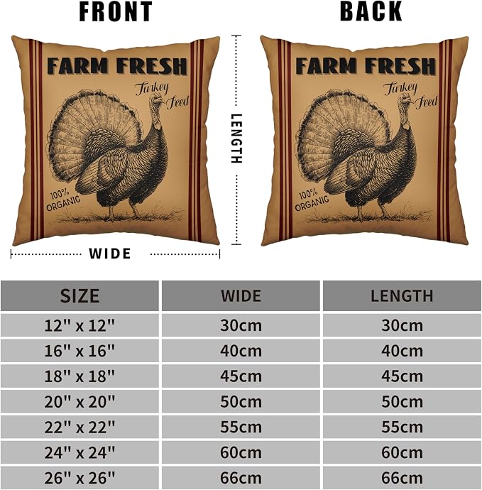 Fall Pillow Covers 24x24 Set of 2 Vintage Farmhouse Throw Pillow Covers Retro Farm Fresh Turkey Pumpkin Pillowcase Thanksgiving Cushion Case for Home Decor Couch Sofa