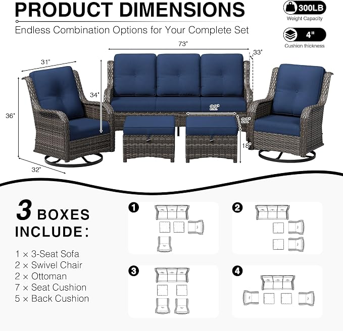 Joyside 5 Piece Wicker Patio Furniture Set, Outdoor Swivel Rocker Patio Chairs with High Back, Deep Seating, Wide Armrest, Thickened Cushions, Outdoor Furniture for Deck, Porch Use