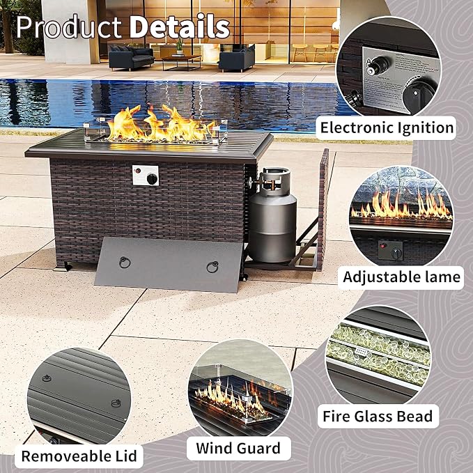 Gotland 15 Pieces Patio Furniture Set with Fire Pit Table, All Weather Rattan Outdoor Furniture with 29.5'' High Backrest 4’’ Thick Cushions Coffee Table, Patio Set for Porch, Deck, Backyard, Gray
