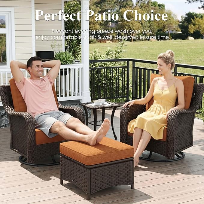 LayinSun 7 Piece Wicker Outdoor Furniture Set with 6-inch Comfy Cushions, High Back Patio Furniture Set with Swivel Rocking Chairs and Fire Pit Table