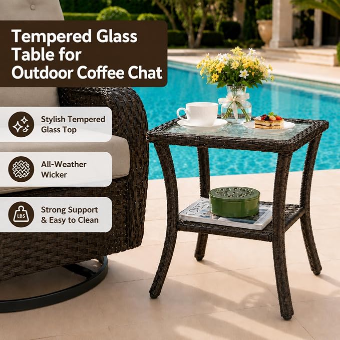 HUMMUH 3-Piece Swivel Rocking Rattan Chair Outdoor, Patio Bistro Furniture Conversation Set,Cushioned Wicker Chair with Glass Coffee Table(Brown, Grey)