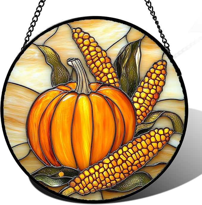 DASTOLL Stained Glass Window Hanging Autumn Harvest Pumpkin Corn Large 11.8" - Suncatcher Door Garden Kitchen Sunroom Sun Catcher Fall Home Decor Birthday for Mom Grandma Men Woman