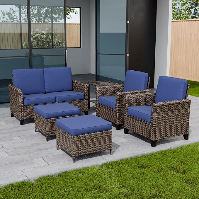 COOS BAY Harbor Retreat 6 Piece Outdoor Furniture Set, Patio Conversation Set with Patio Chairs, 2 Seat Loveseat, Side Table and Ottomans, Wicker Furniture, Brown/Blue