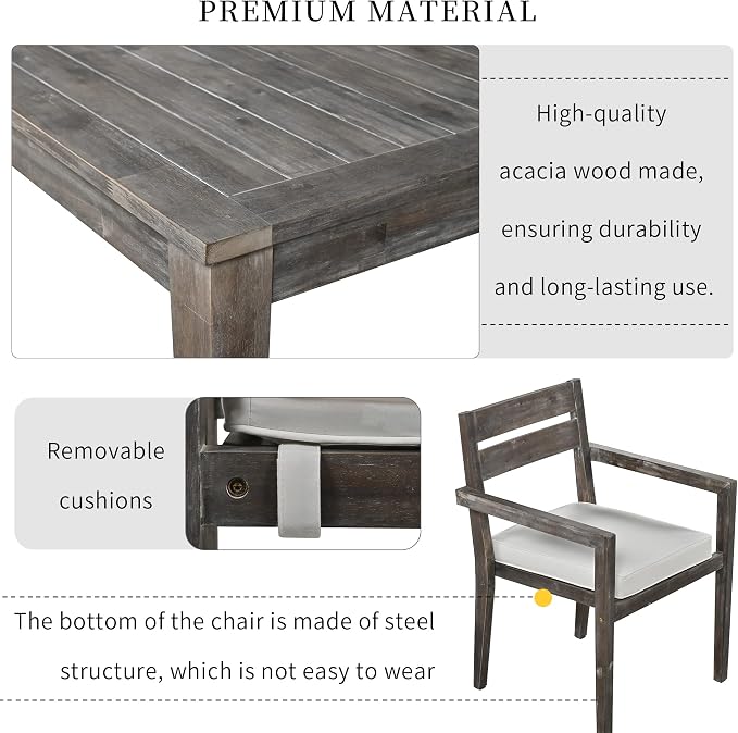 7 Piece Patio Dining Set, 70.9" Rectangular Acacia Wood Outdoor Dining Table & 6 Dining Arm Chairs with Cushion, Suitable for Outdoors and Indoors (Grey@015)