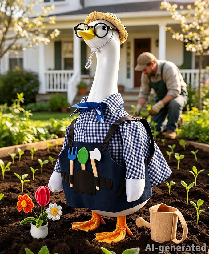 SIQUK Gardener Porch Goose Outfit Porch Goose Clothes Fit 23'' Geese Statue | Porch Goose Costume, With Hat Glasses Scarf Tools Watering Can Flower Pot, For Spring Summer Garden Yard Lawn Decor