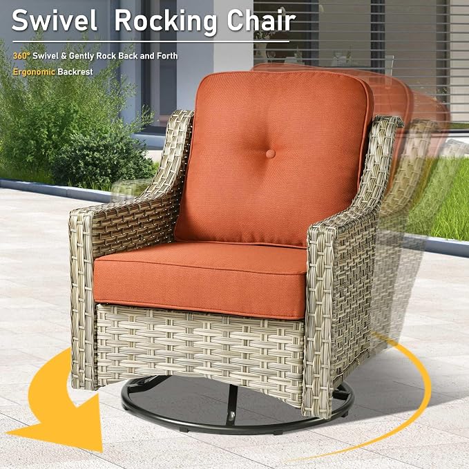 HOOOWOOO 3 Piece Patio Furniture Bistro Sets,Outdoor Wicker Swivel Rocking Chairs with Table Set,All Weather Resistant High Back Rattan Conversation Set(Red)