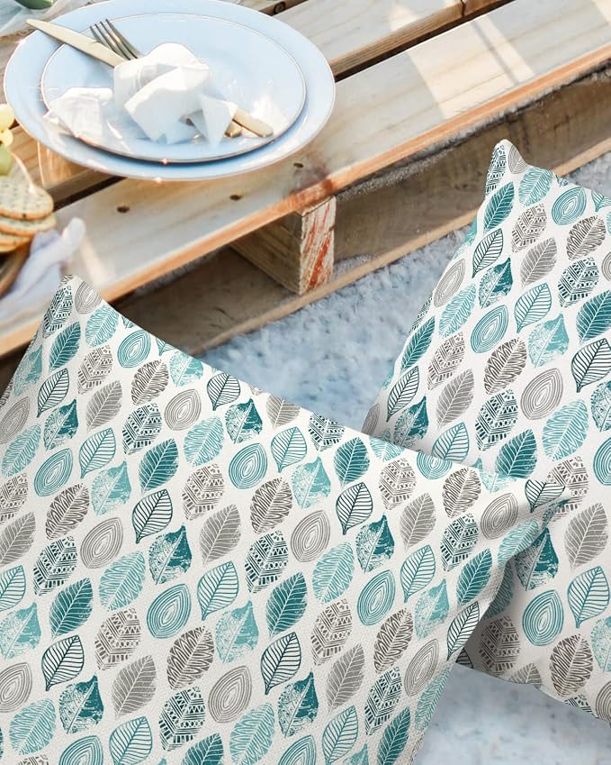Outdoor Waterproof Throw Pillow Cover Farm Teal Grey Leaf Texture Decorative Pillows Cushion Covers Abstract Nature Boho Botanical 2 Pack Pillow Cases for Patio Garden Balcony Couch Sofa 16x16In