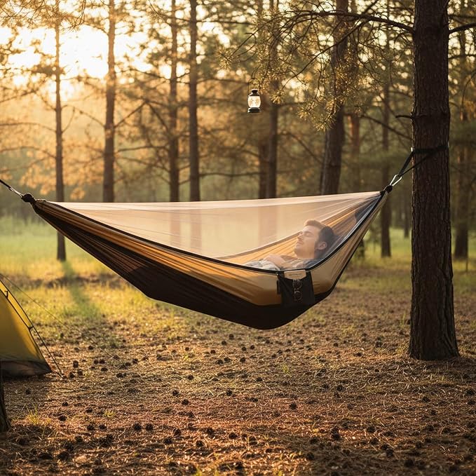 YSUEFIJO Outdoor Hammock with Mosquito Net, Comfortable Camping Hammock for Travel and Backyard, Foldable Portable Hanging Hammock, Breathable Fabric, Weight Capacity 250kg