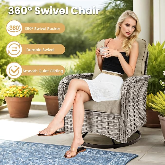 HOOOWOOO Outdoor Sectional Furniture Set with Fire Pit Table,8 Pieces Wicker Patio Conversation Sets,L Shape All Weather Outside Couch Sofa Set with Swivel Chairs Side Table Ottoman,Beige