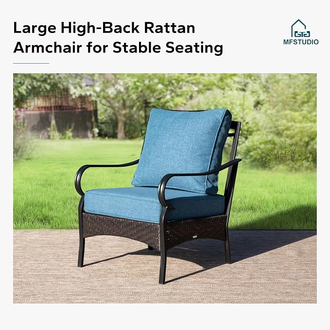 MFSTUDIO 4 Pieces Outdoor Patio Furniture Set, Metal Outdoor Conversation Set, Rattan Wicker Patio Sectional Sofa Set with 2 x Fixed Single Sofa, 3-Seat Sofa, 1 x Coffee Table, Navy Blue