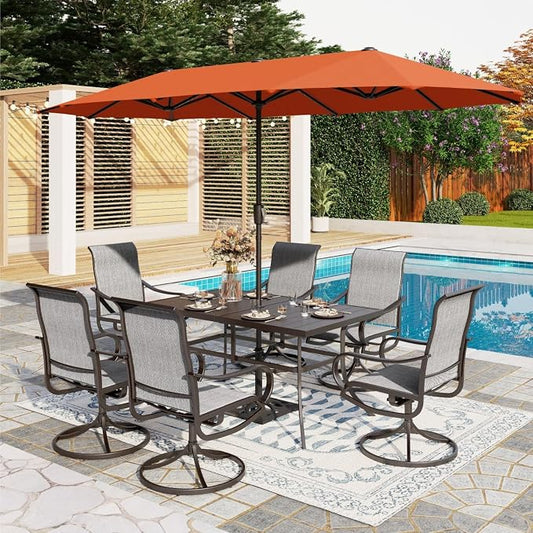 PHI VILLA Patio Dining Set with 13ft Umbrella for 6, Swivel Mesh Chairs | 59'' metal rectangular table, 6 grey outdoor textilene chairs and 13ft orange red umbrella(NO BASE) for deck, garden, yard