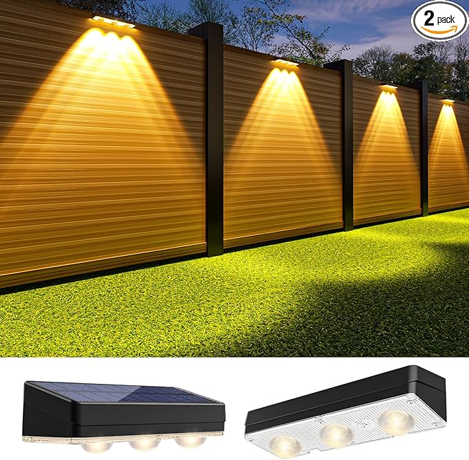JOFIOS Solar Fence Lights Outdoor,1300mAh, 2 Pack,Warm/Natural/Cool White,IP65 Waterproof,Fence Lights Solar Powered,Solar Lighting for Deck, Backyard, Railing(Black)