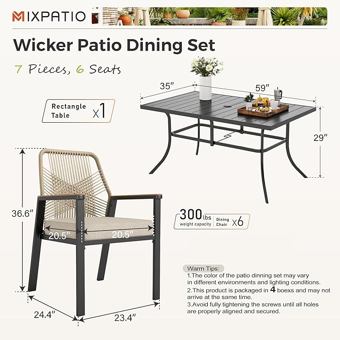 MIXPATIO 7 Pieces Outdoor Dining Set for 6, Patio Dining Set Wicker Rattan Chairs with Soft Cushion and Metal Rectangular Table, Wicker Patio Table and Chairs for Backyard Porch