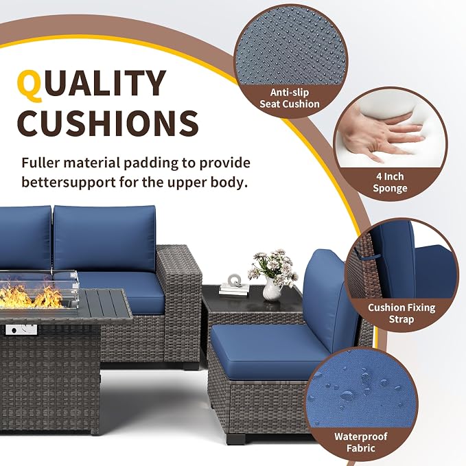 Patio Furniture with Fire Pit Table,8‘’ Wide armrest Outdoor Sectional Rattan Sofa Set, Wicker Patio Furniture Sets w/Coffee Table,Thick Cushions and Cover for Porch, Balcony,7PC(Grey&Navy)