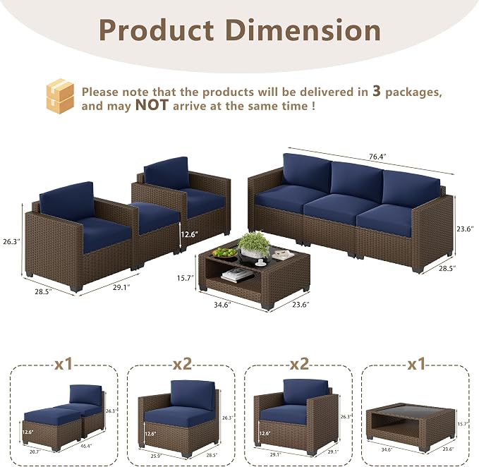 LOUVIXA 7 Piece Outdoor Patio Furniture Set, Rattan Chairs Glass Table Wicker Conversation Seating Sectional Sofa with Cushions (Brown-Navy, 7Pcs-2 Layer Coffee Table)