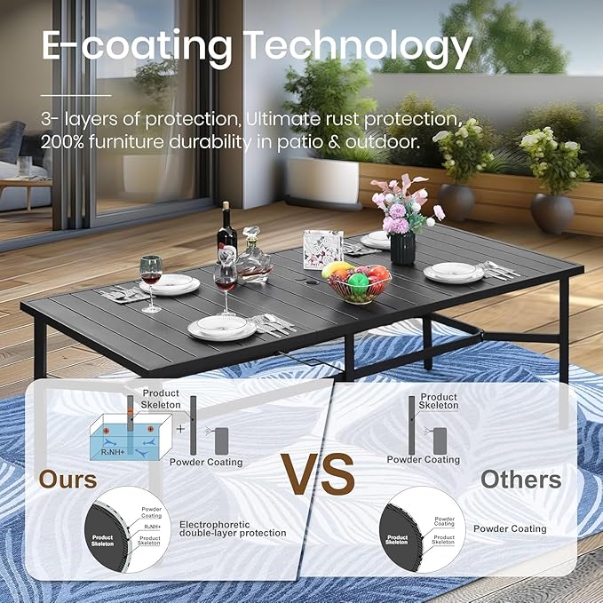 PHI VILLA 9 Piece Patio Dining Set, 83" Rectangular Metal Dining Table with Umbrella Hole, 6 Fixed + 2 Swivel Chairs with Waterproof Cushions, All Weather Outdoor Furniture for Deck, Backyard