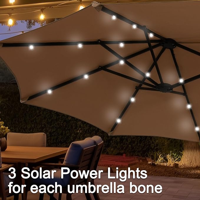 13 ft Patio Umbrella with 36 LED Lights, Large Rectangle Outdoor Solar Umbrella with Strap, Crank, Coffee