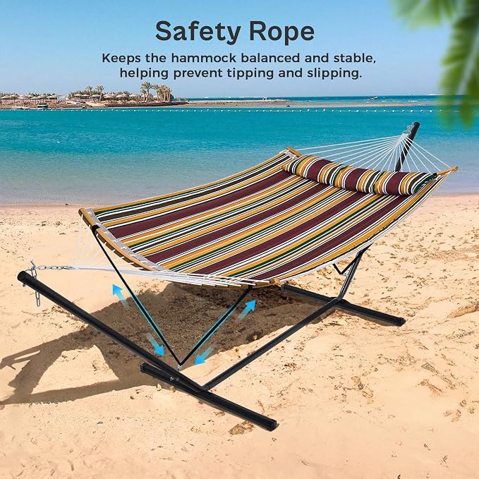 SUPERJARE Hammock with Stand, 2 Person Heavy Duty Hammock Frame, Detachable Pillow & Strong Curved-Bar & Portable Carrying Bag, Perfect for Outdoor & Indoor - Maple-Leaf Red