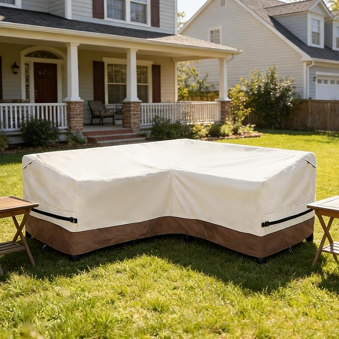 okcool Outdoor Sectional Sofa Cover Waterproof-V-Shaped Patio Furniture Covers for 7-Seater Outdoor Sectional Furniture Couch（105''X105''）,Beige & Brown