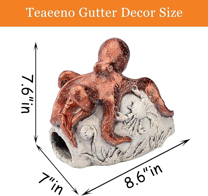 Teaeeno Octopus Downspout Extender Statue - Outdoor Garden Decor, Drain Pipe Cover with Crab & Coral Design - Durable Resin for US Lawns, Patios, and Yards (Red)