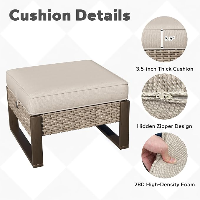 Joyside Outdoor Patio, All-Weather PE Rattan Ottomans Footstools with Removable Cushions & Anti-Rust Wood-Looking Legs for Garden, Backyard, Porch, Deck (Beige)