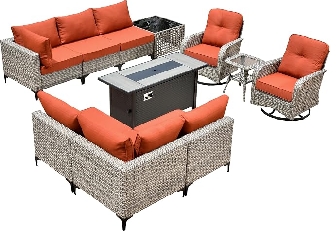 Outdoor Patio Furniture Sets,11 PCS Patio Conversation Set Outside Rattan Sectional Sofa with 54 in Fire Pit Table Wicker Rocking Chair Coffee Table Fit Backyard Porch Garden Poolside Balcony