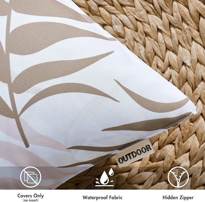 MIULEE Outdoor Waterproof Throw Pillow Covers 16x16 Coffee Brown Pack of 2 | Decorative Patio Pillow Cases Natural Leaves Pattern Spring Square Cushion Shams Shell for Garden Balcony Couch