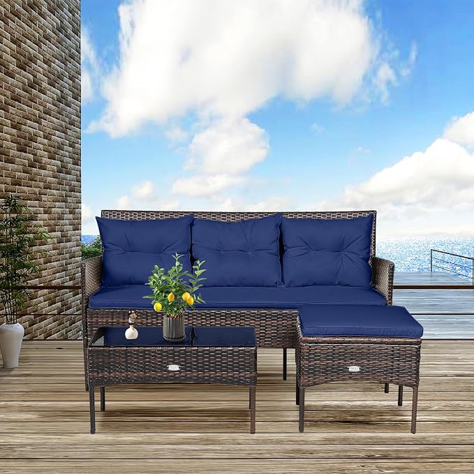 RELAX4LIFE 3 Pieces Patio Furniture Sectional Set, Rattan Wicker Conversation Set W/ 5 Cozy Seat & Back Cushions, Tempered Glass Coffee Table for Poolside, Balcony, Backyard Outdoor Furniture (Navy)