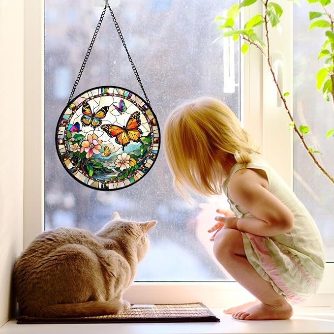 DASTOLL Stained Glass Window Hanging, Butterflies Flying in the Sky Suncatcher for Doors Home Sun Catchers Decoration and Christmas, Mother's Day Birthday Gifts for Women, Men, and Mom 6.3 in